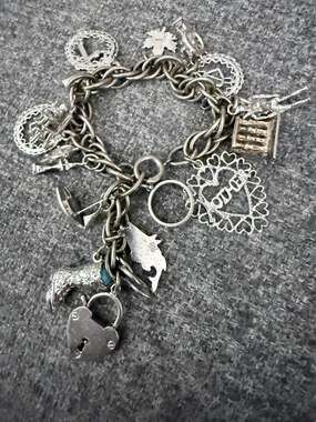 Vintage Sterling Silver Loaded Charm Bracelet with Heart Padlock & 16 Charms